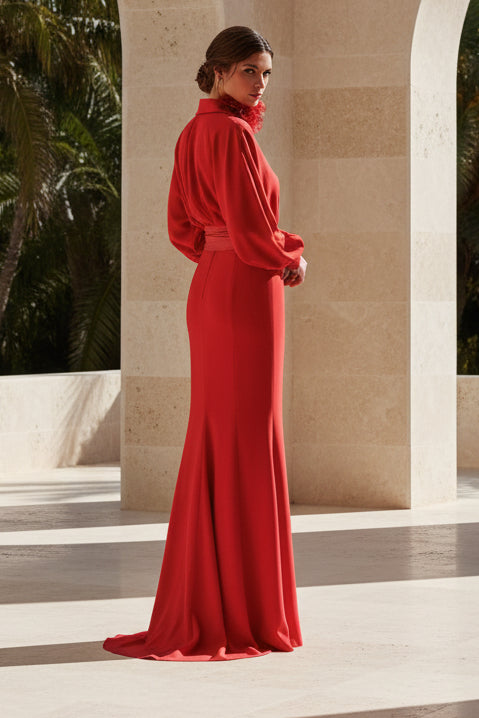 V-Neck Long Sleeve Mermaid Side Slit Evening Dress