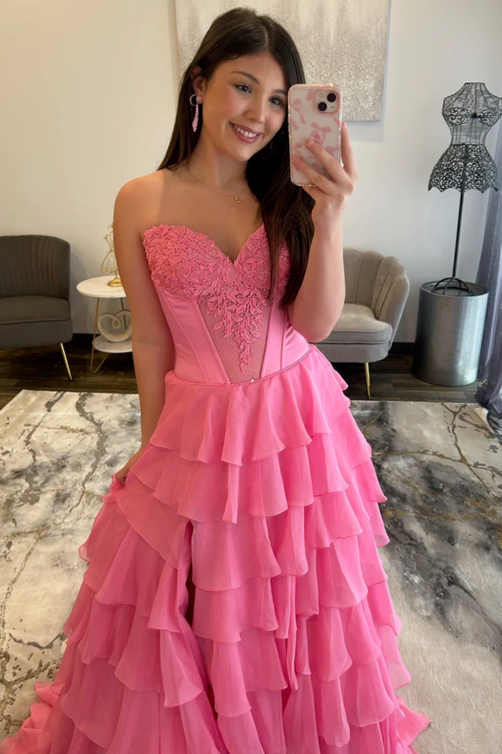 A-Line Strapless Appliques Ruffles Tiered High Side Slit and Train Prom Dress