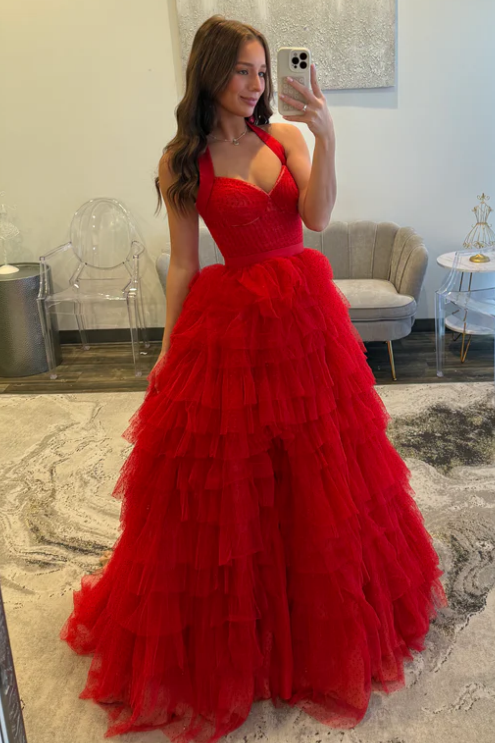 A-Line Halter Strapless Ruffles Tiered High Side Slit and Train Prom Dress