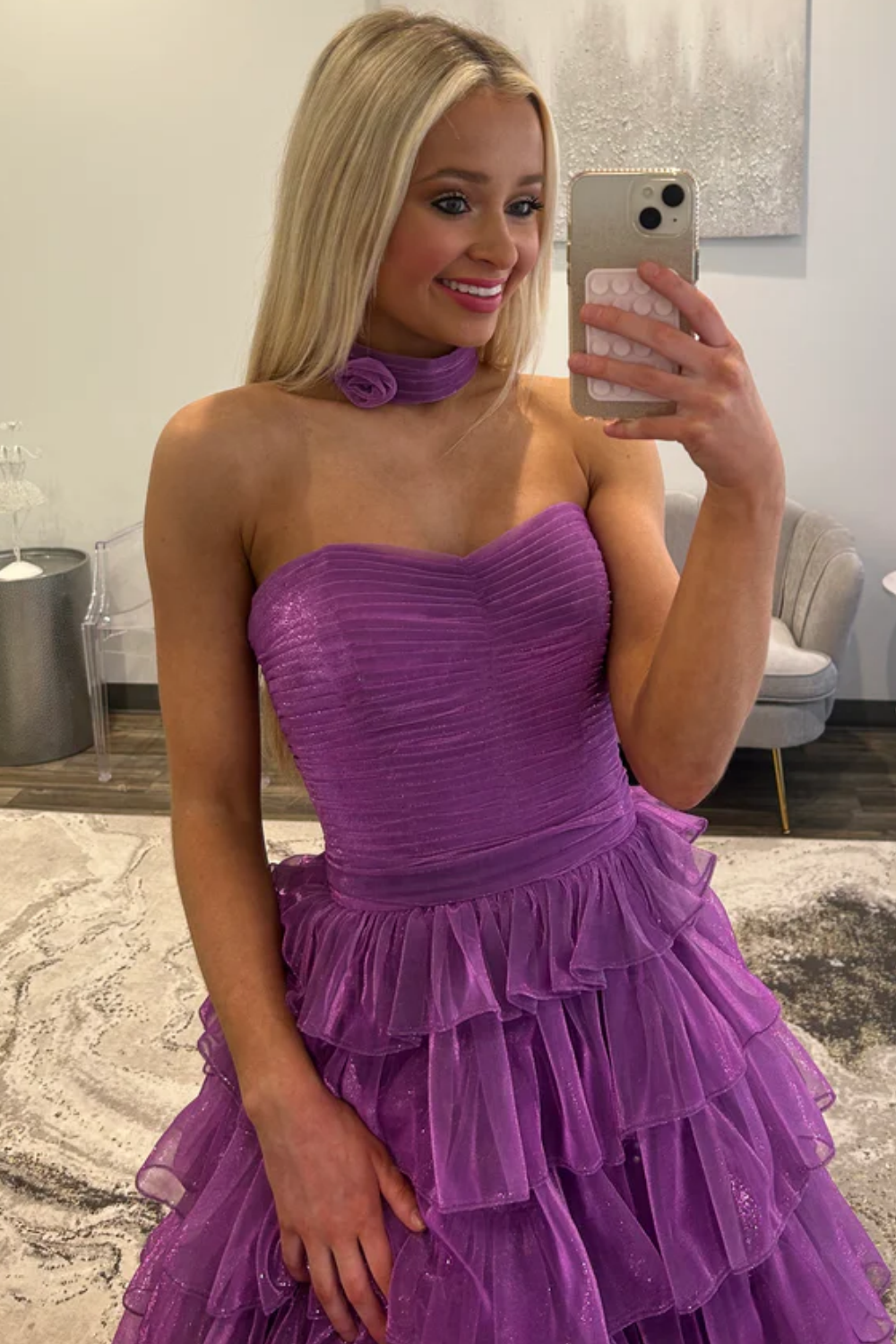 A-Line Strapless Ruffles Tiered High Side Slit and Train Prom Dress