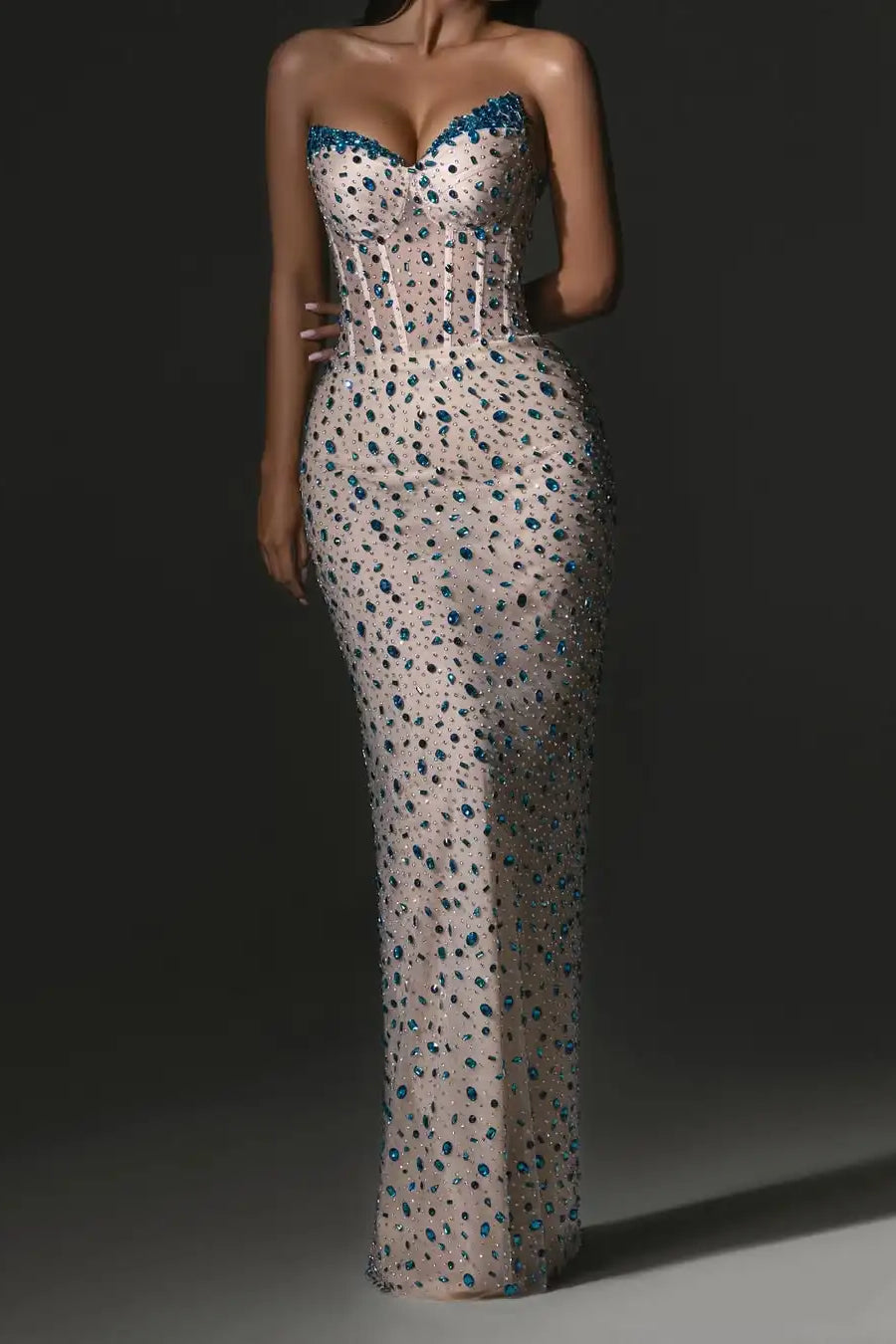 Dazzling Sweetheart Strapless Sleeveless Mermaid Prom Dress V-Neck Gem With Lace-Up Back