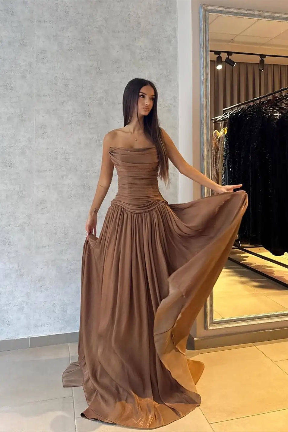 Flowing Coffee Strapless Sleeveless Chiffon Prom Dress A-Line Long With Pleats