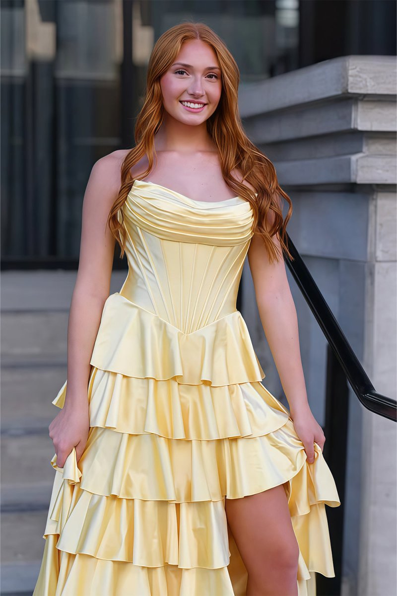 Yellow - Strapless A Line Satin Ruffled Long Prom Dresses With Slit