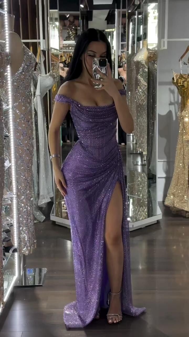 Shinning Mermaid Off The Shoulder Lilac Slit Sequins For Women Party Dresses Long Formal Prom Dresses 18th Birthday Gown AB1334