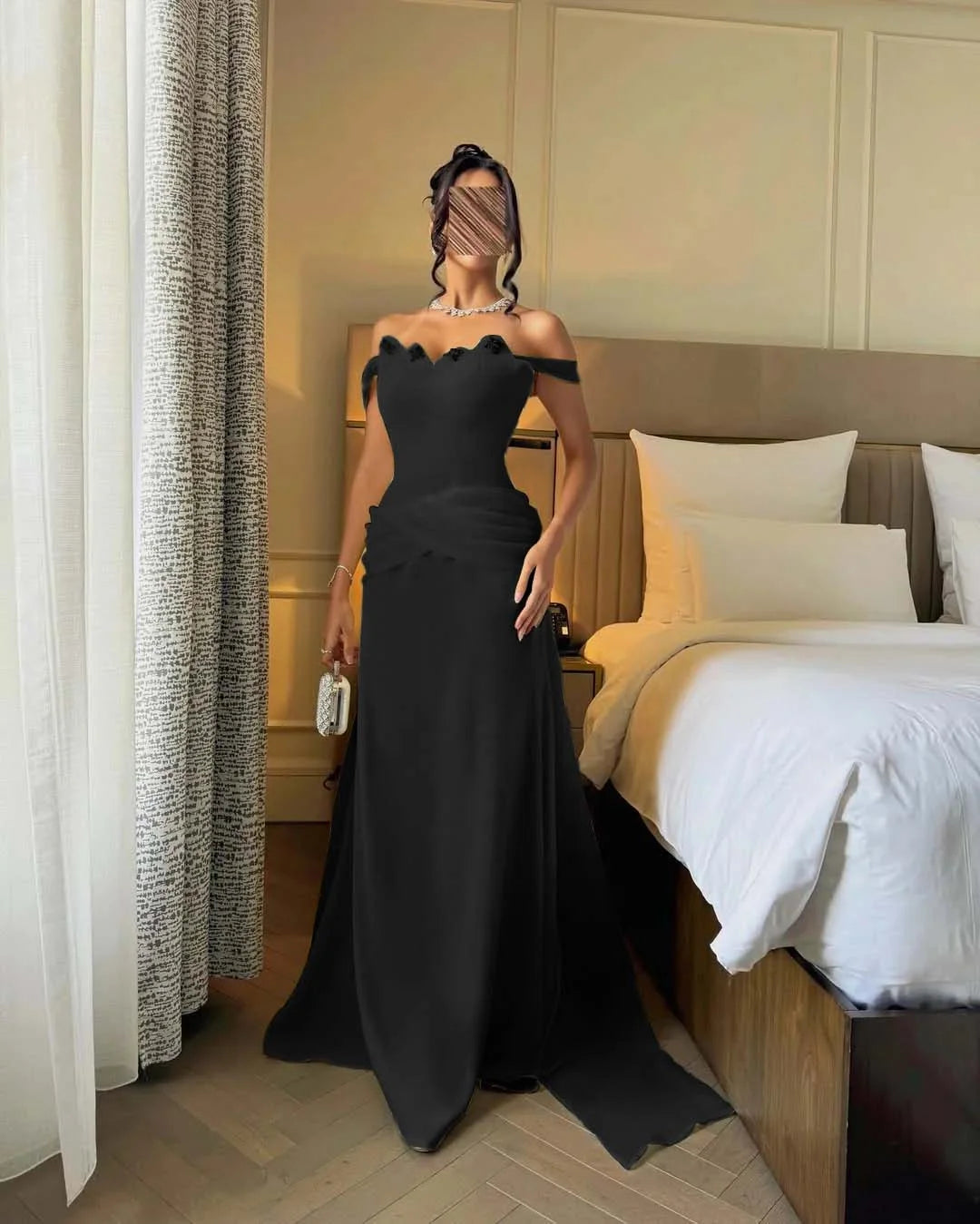 Romantic Daffodil Off-The-Shoulder Pleated Rhinestone Prom Dress With Train YK0779