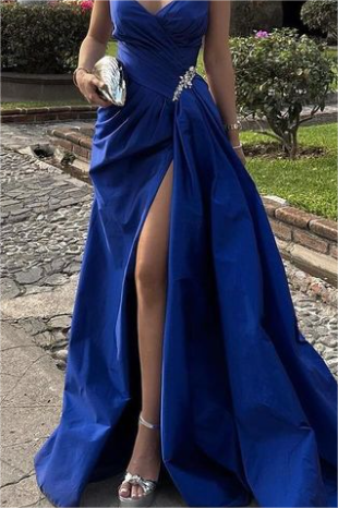 Royal Blue Strapless Sleeveless Deep V Neck Split Prom Dress With Pleated