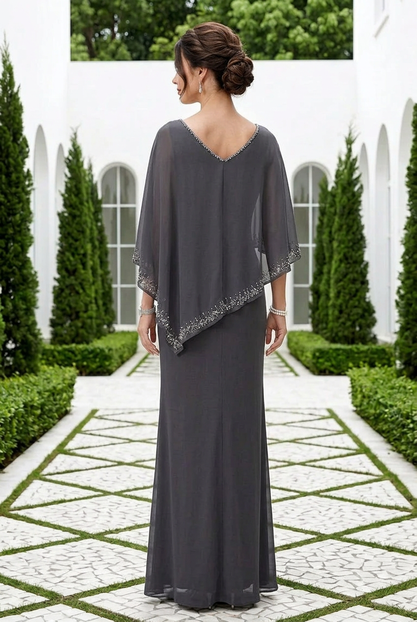 Beaded Capelet Floor-Length Evening Gown