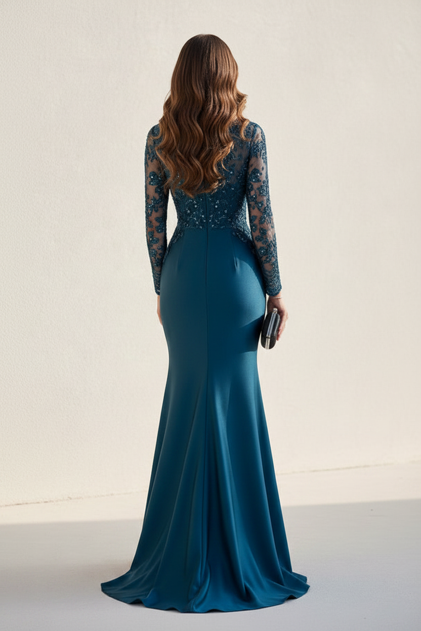 Illusion Lace Long Sleeve Evening Gown