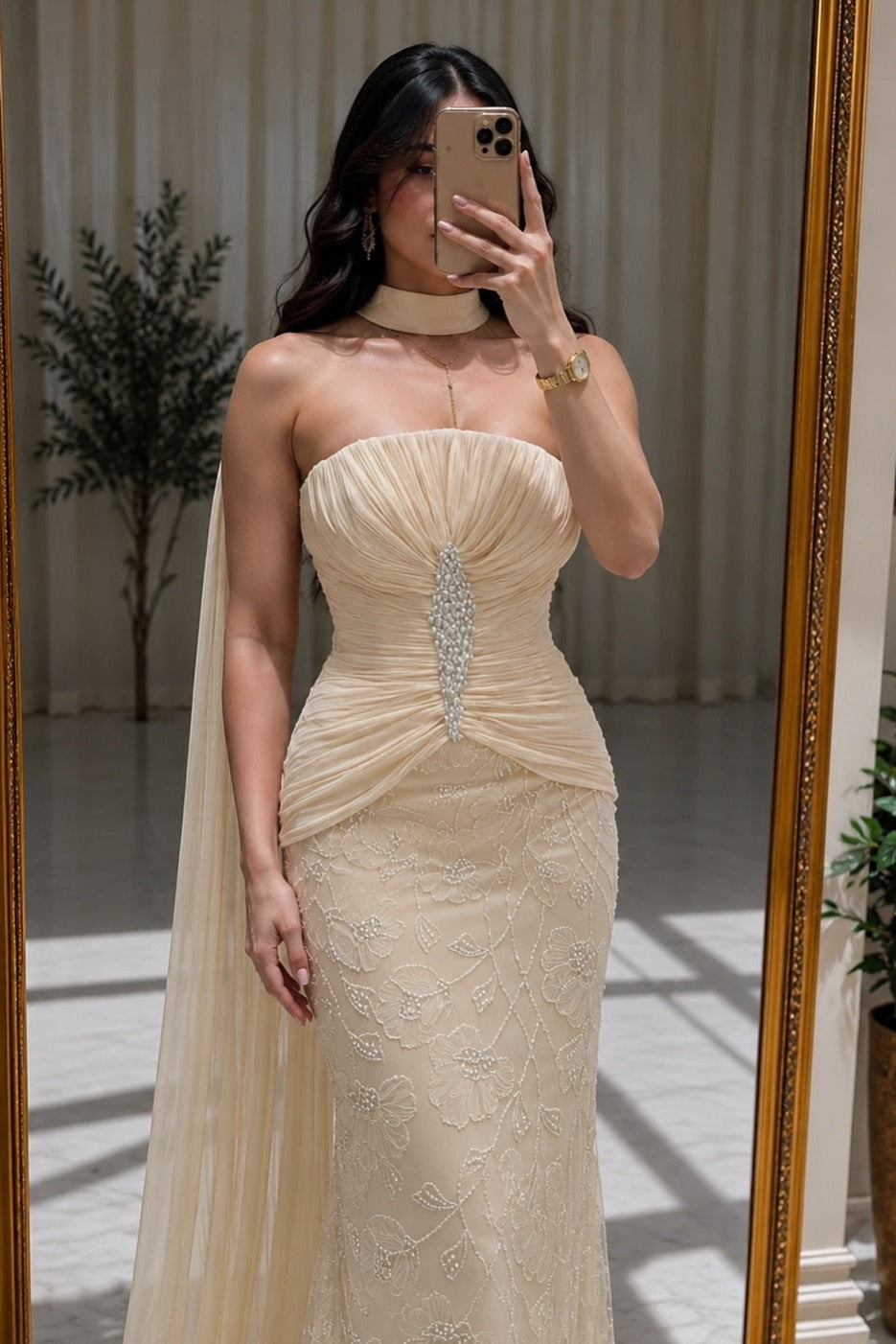 Strapless Lace Mermaid Gown with Cape