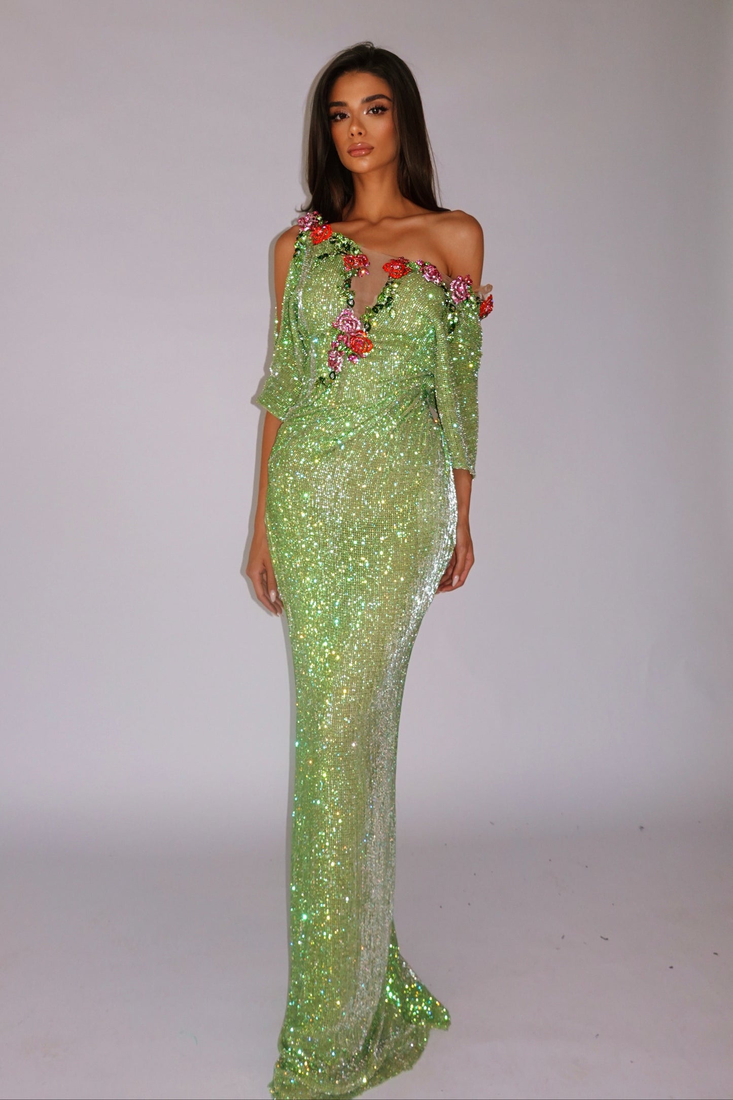 Asymmetric Glitter Column Gown with 3D Flowers