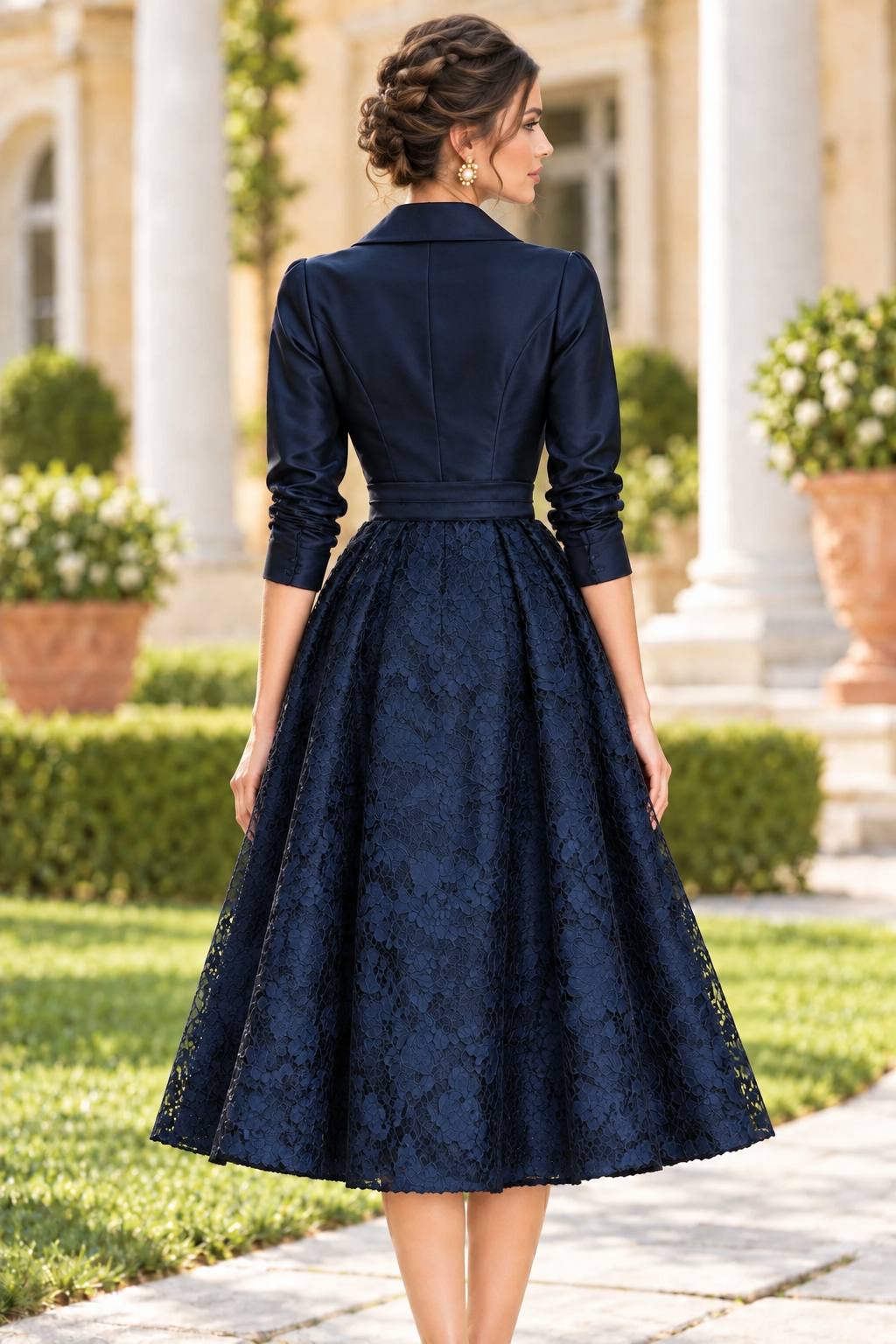 Satin Wrap Collared Midi Dress with Lace Skirt