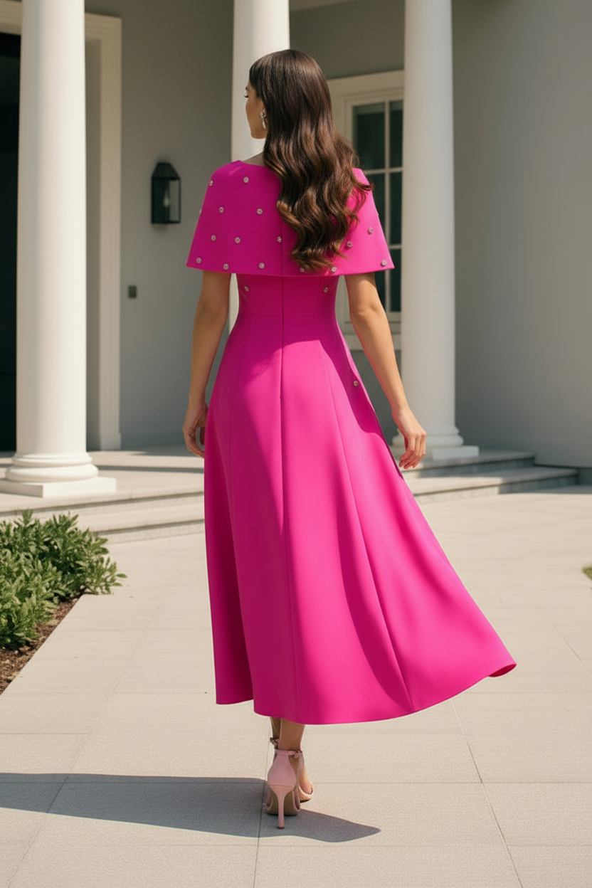 Beaded Cape Off-The-Shoulder A-Line Midi Dress