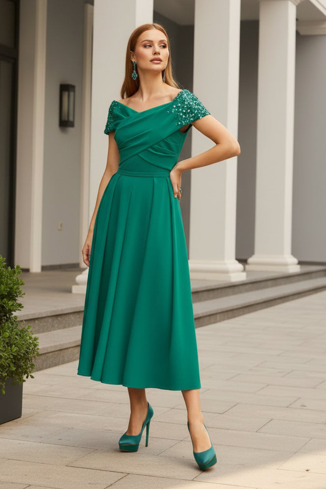 Beaded Off-the-Shoulder A-Line Midi Dress