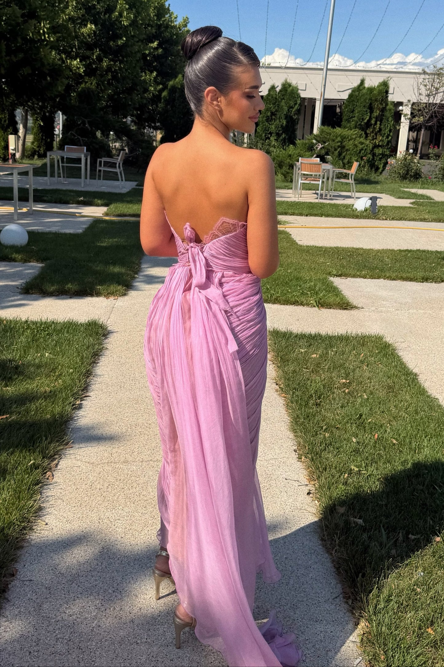Strapless Sweetheart Pleated Evening Gown with Tie Back