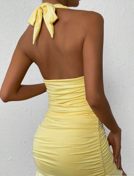 Ruched Halter Neck Backless Bodycon Mini Dress