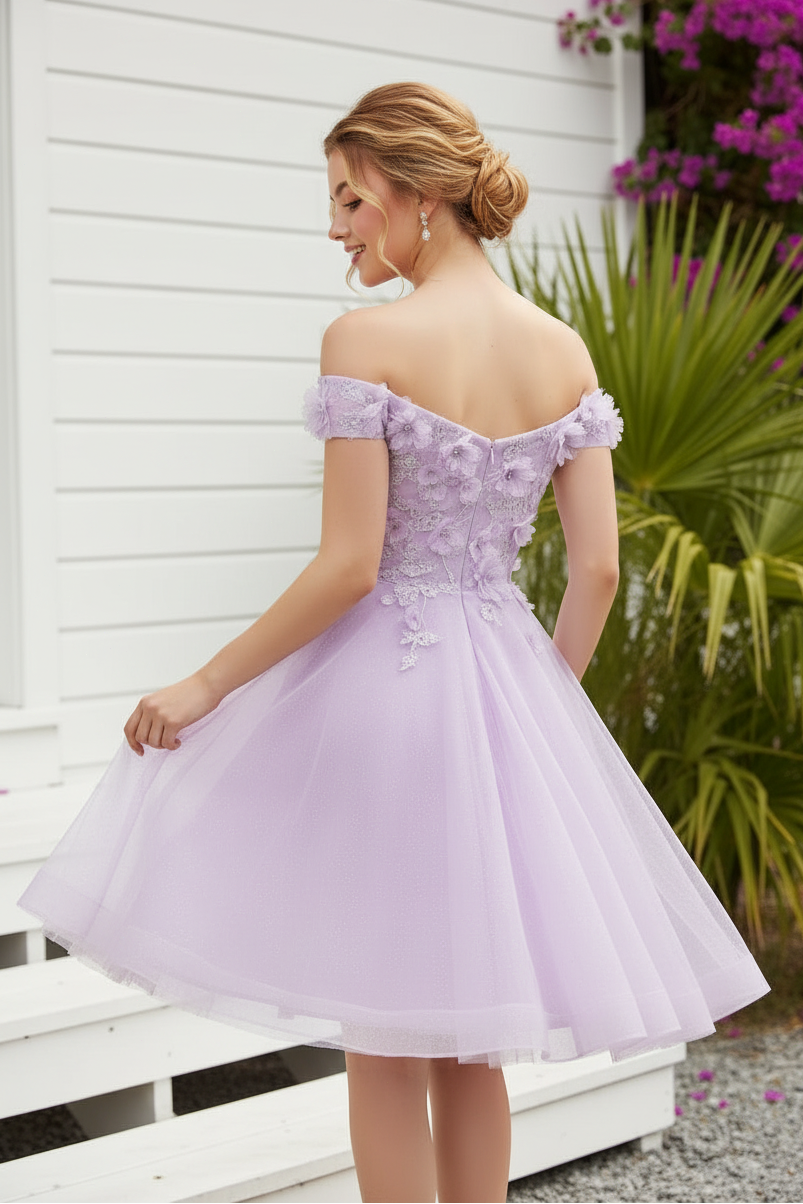 Off-the-Shoulder 3D Floral A-Line Short Tulle Dress