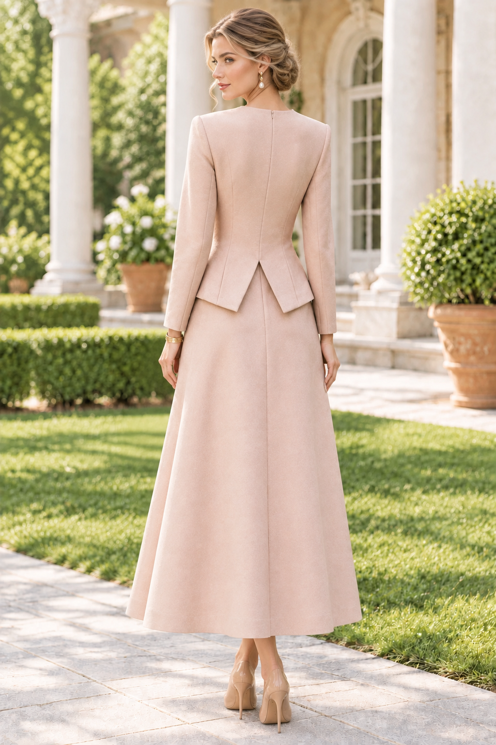 Long Sleeve Peplum Top and A-Line Midi Skirt Set