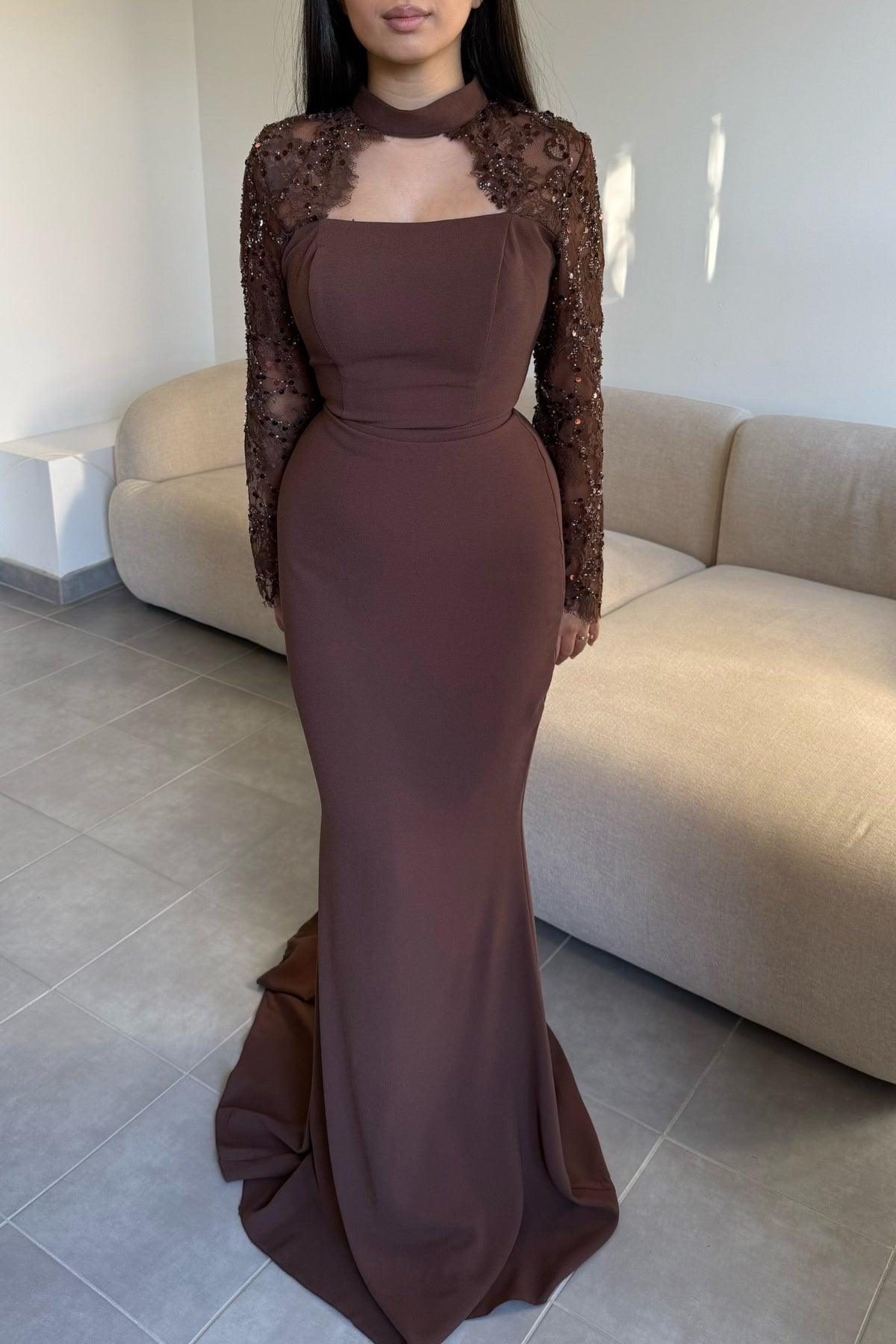 Choker Neck Sequin Sleeve Mermaid Evening Gown