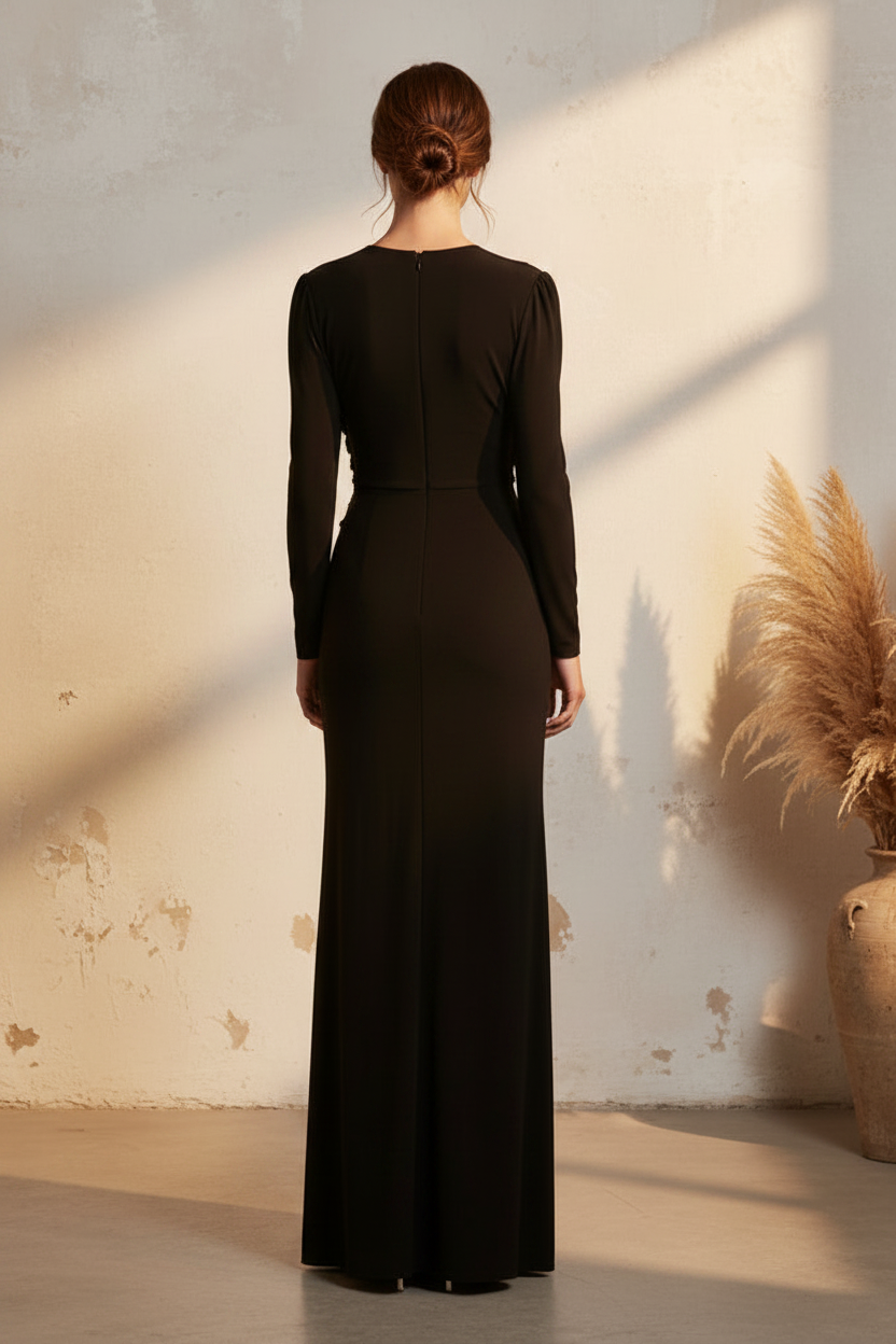 Long Sleeve Ruched Gown with 3D Floral Applique