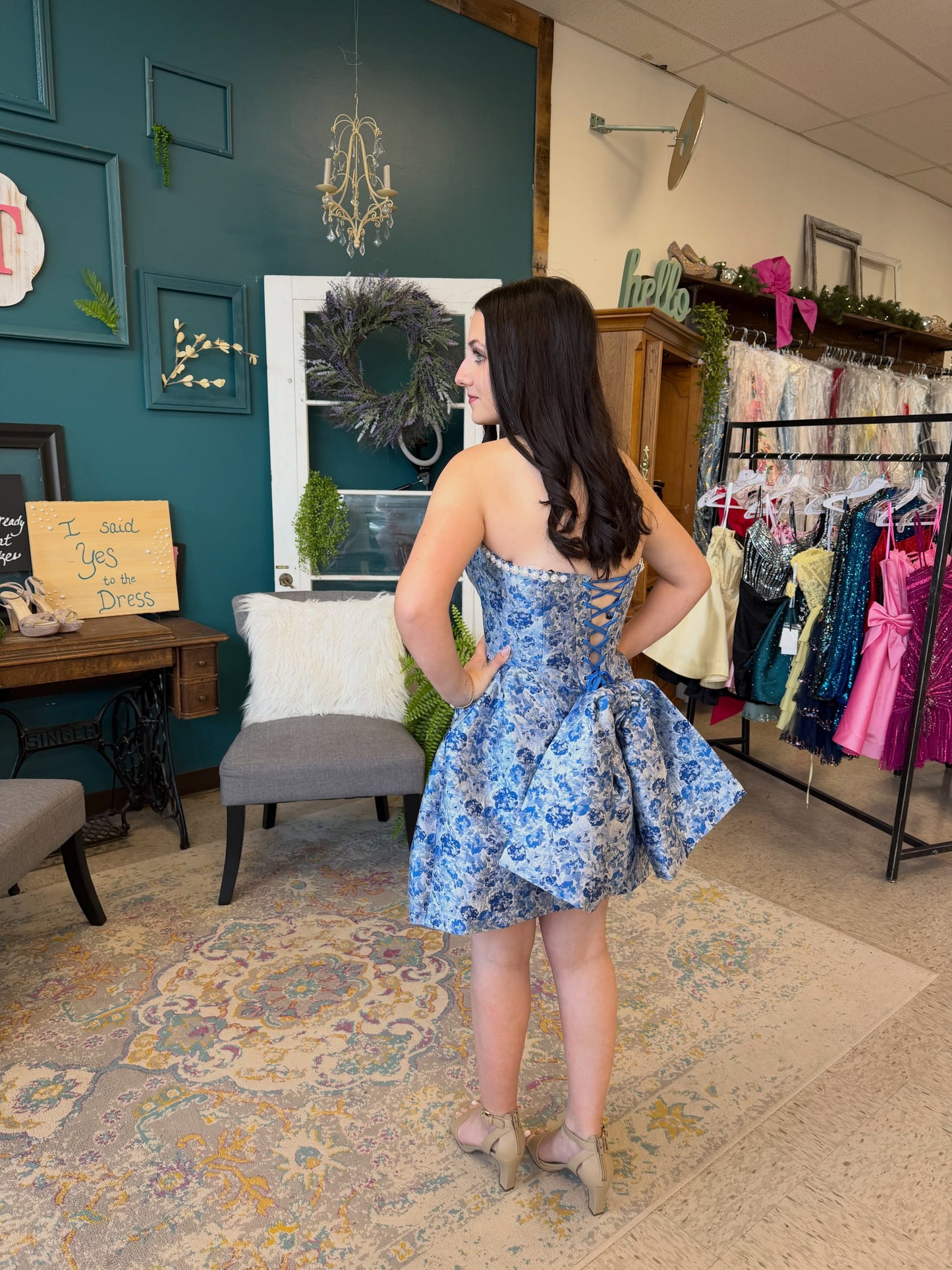 Floral Jacquard Strapless Mini Dress with Back Bow