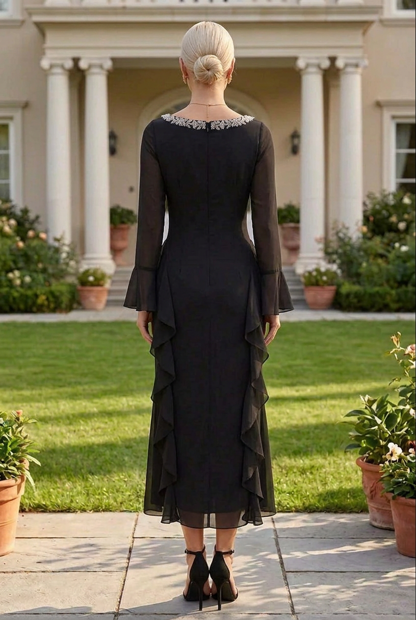 Beaded Square Neck Midi Dress with Side Ruffles