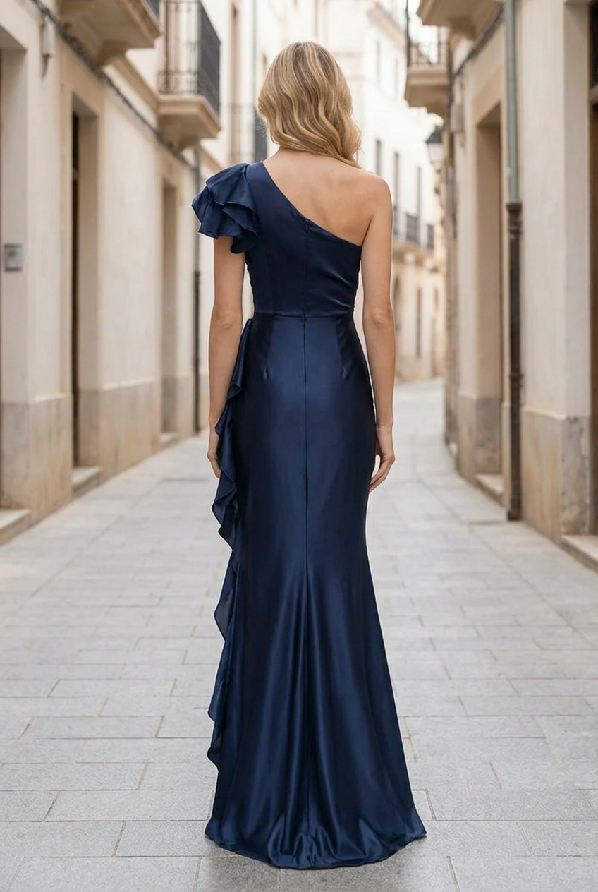 One-Shoulder Ruffle Side Trumpet Evening Gown