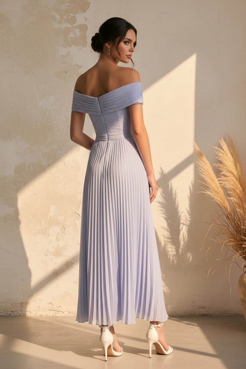 Off Shoulder Pleated Midi Dress with 3D Flowers