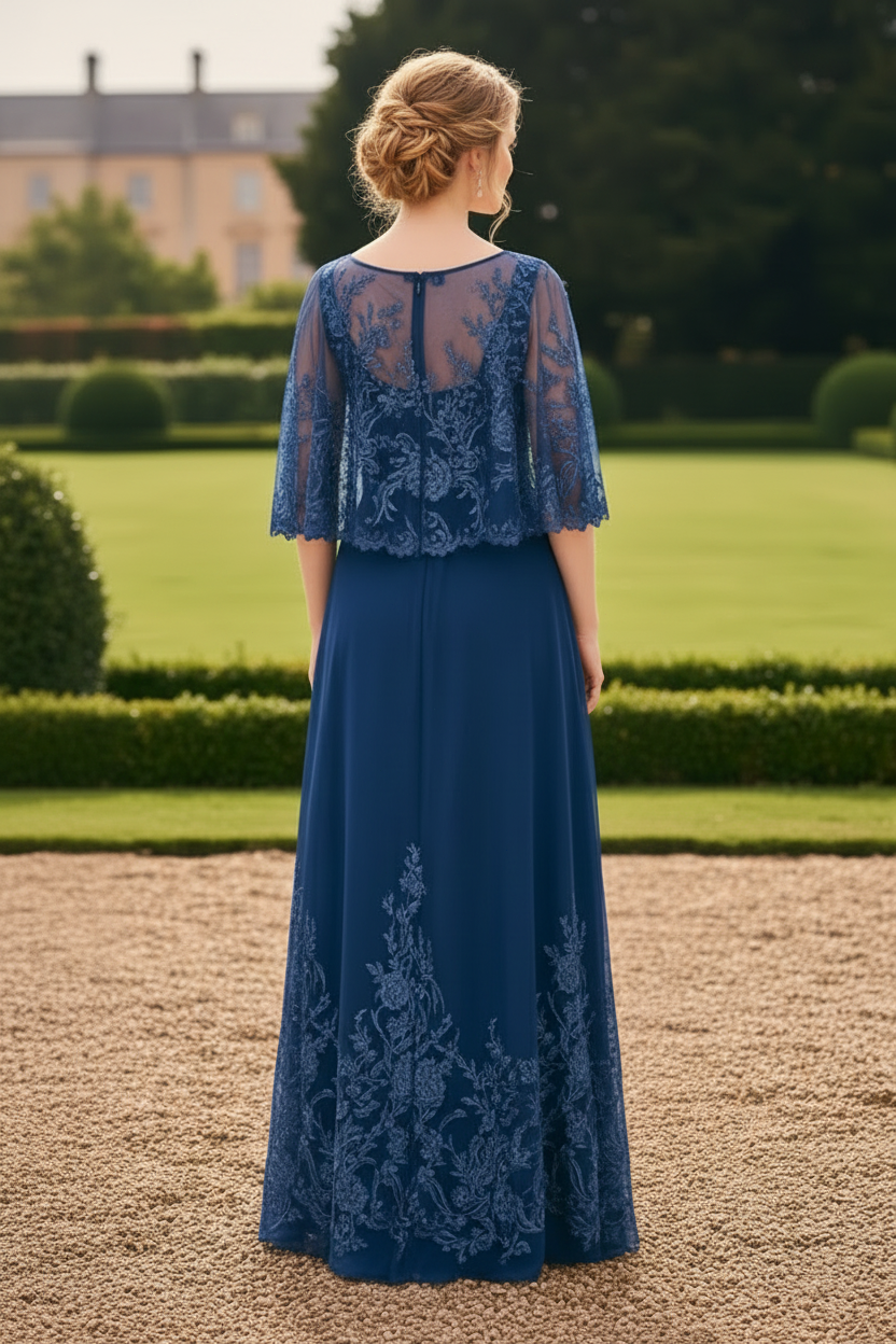 Floral Embroidered Cape Sleeve A-Line Evening Gown