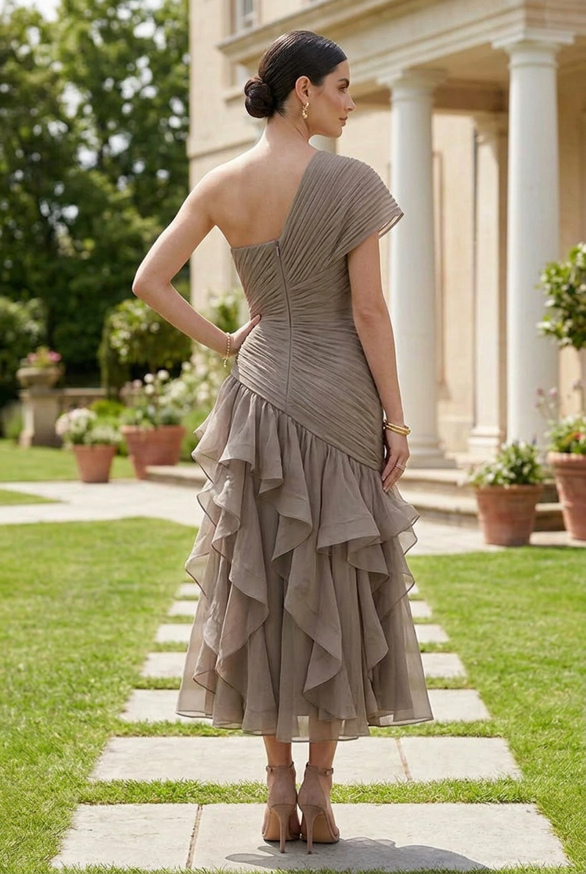 One-Shoulder Pleated Ruffle Midi Dress