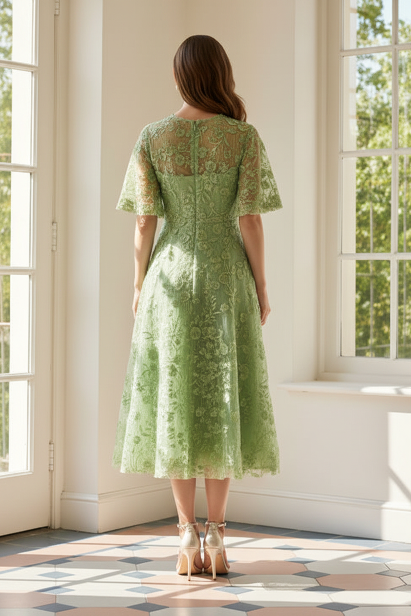 3D Floral Applique A-Line Midi Dress
