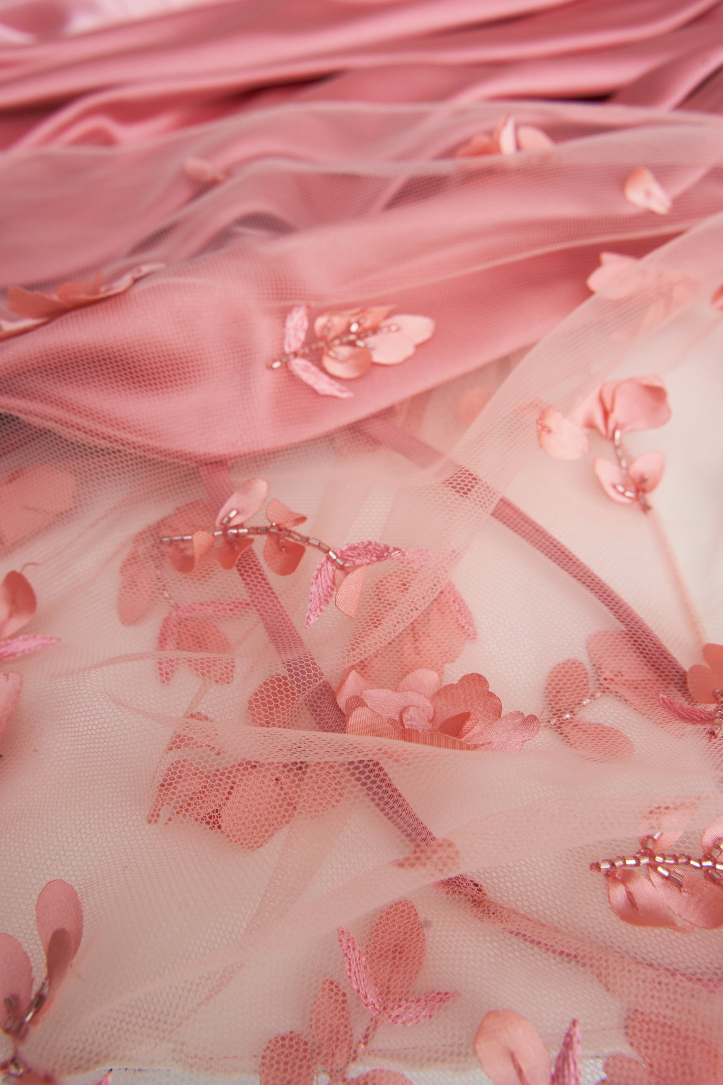 Ruched Satin A-Line Gown with 3D Floral Capelet