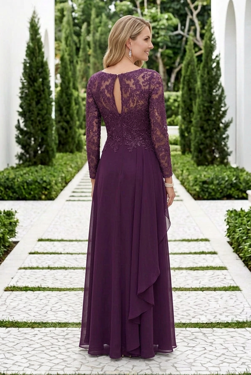 Sequined Lace Bodice Evening Gown with Cascading Drape