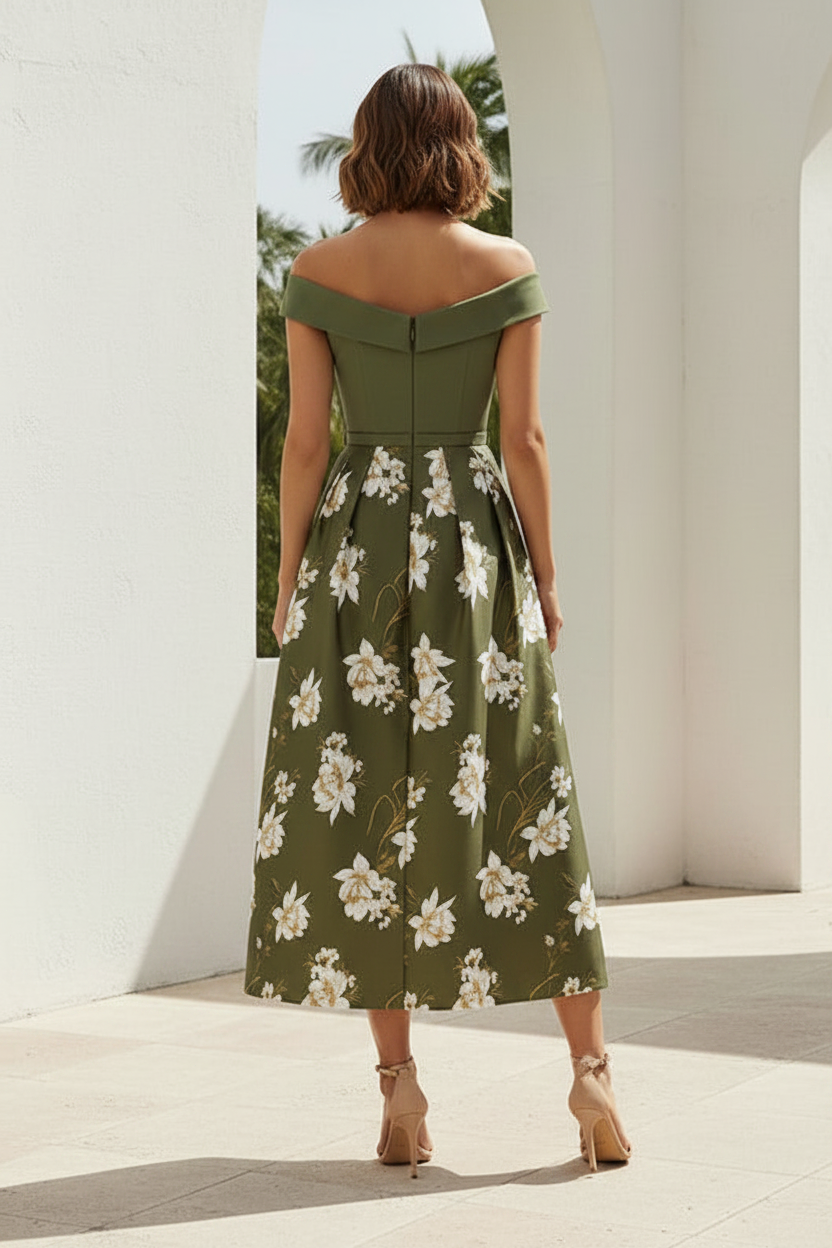Off-the-Shoulder Floral Tea-Length Dress