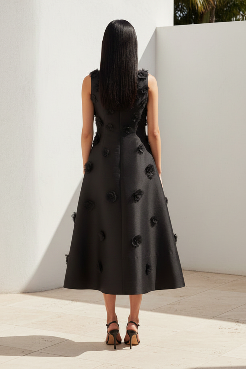 Sleeveless A-Line Midi Dress with 3D Flowers