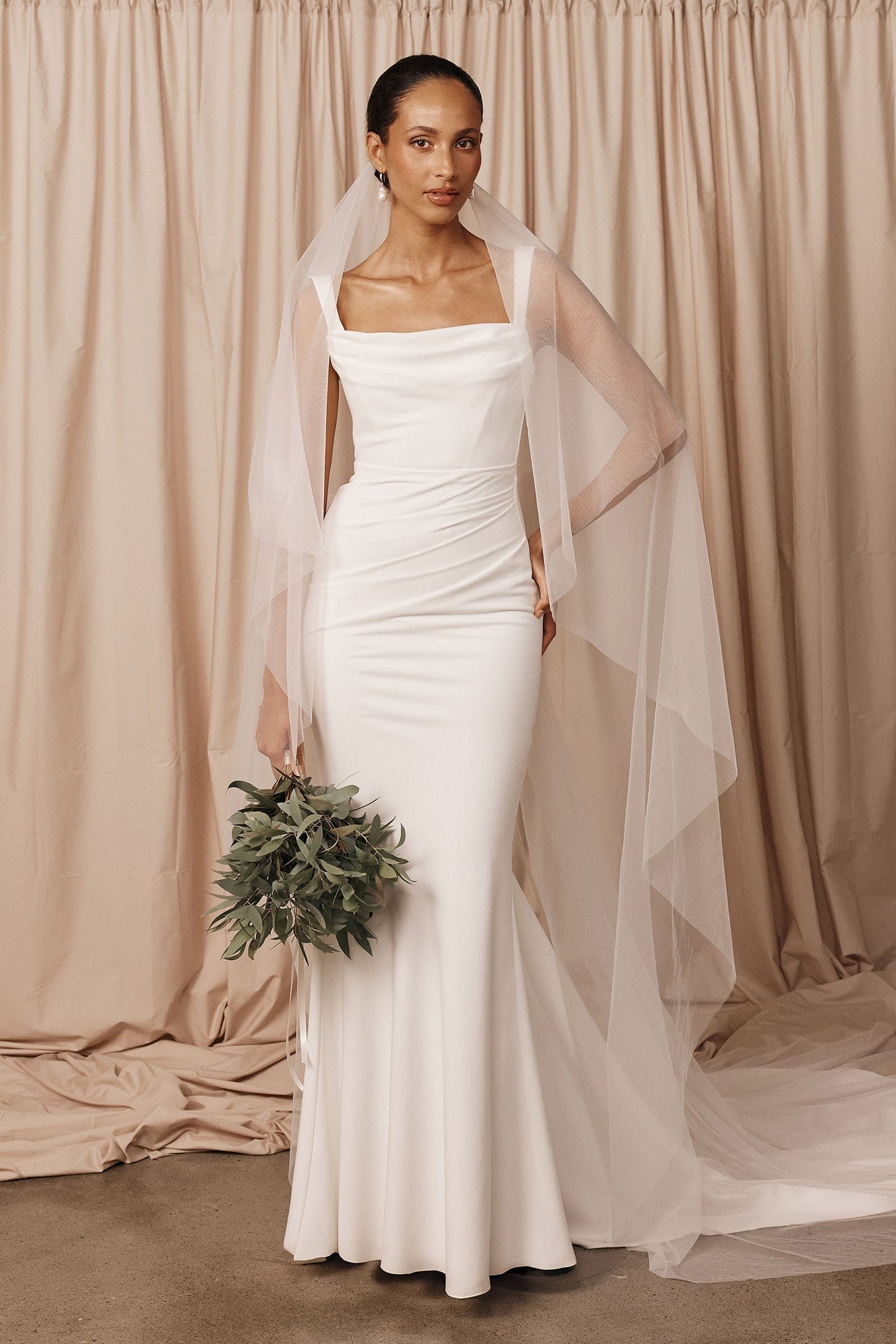 Square Neck Ruched Crepe Fit and Flare Wedding Dress