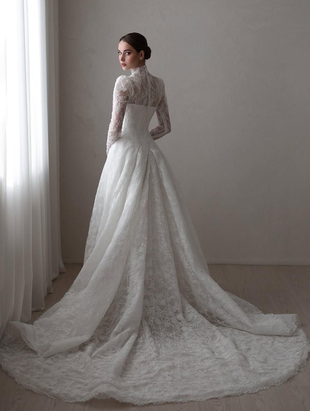 High Neck Lace A-line Wedding Dress with Long Sleeves