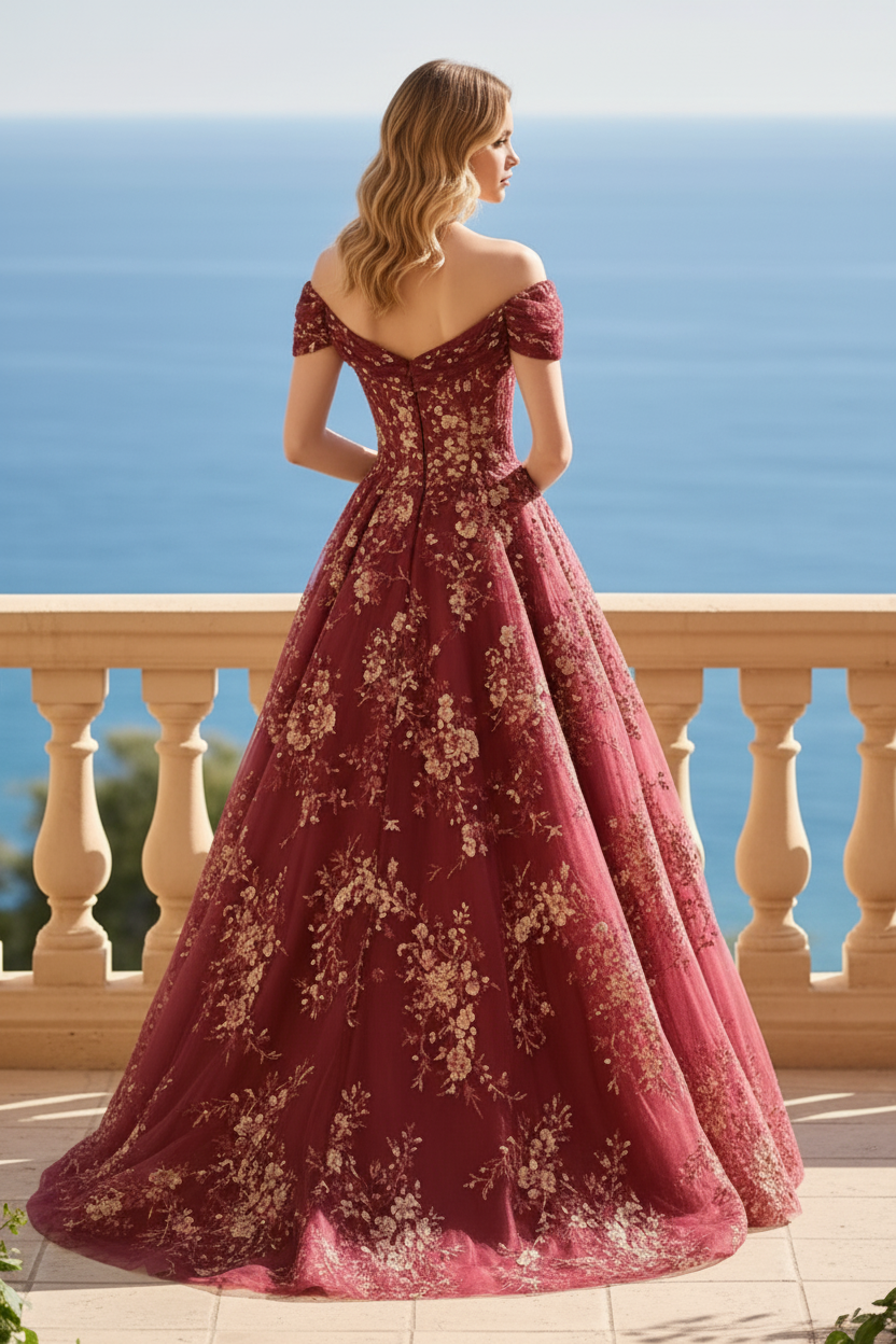 Off-the-Shoulder Floral Embroidered Ball Gown