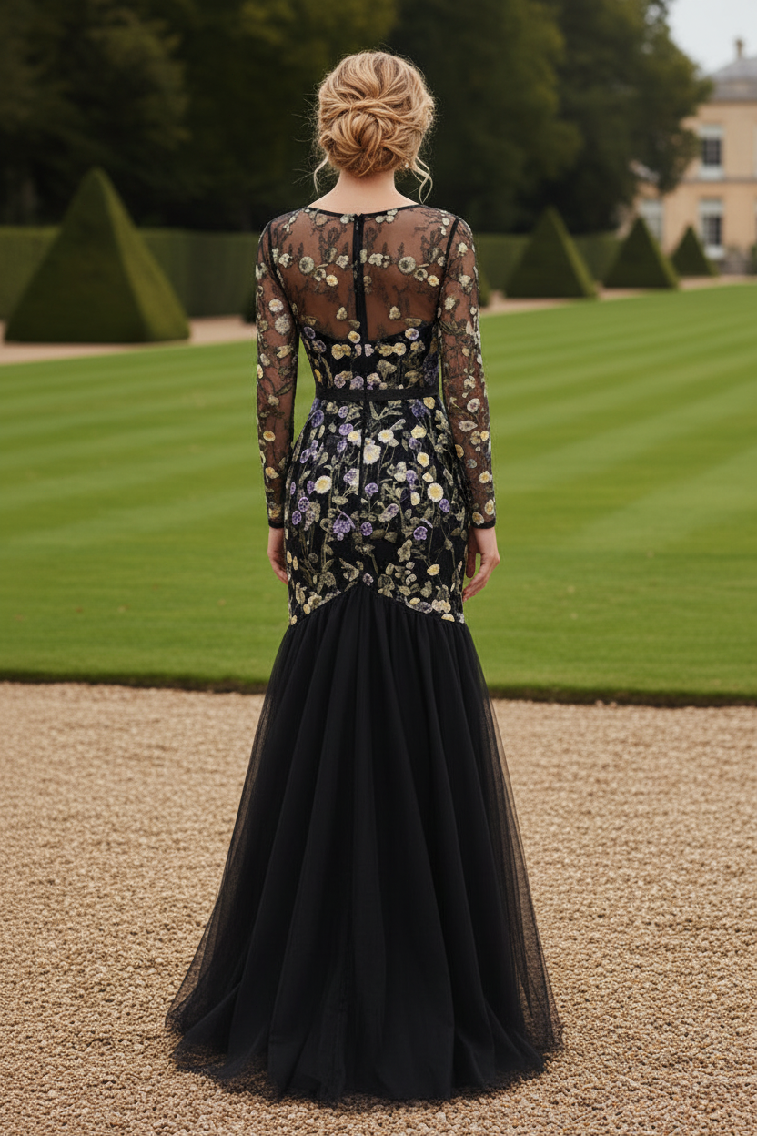 Floral Embroidered Illusion Long Sleeve Mermaid Gown