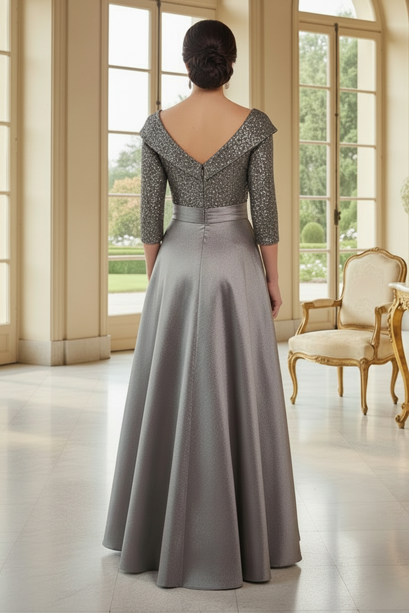 A-Line Portrait Collar Sequin Evening Gown