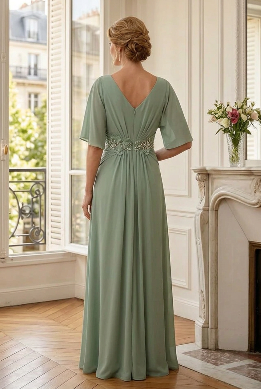 V-Neck Flutter Sleeve Gown with Floral Applique