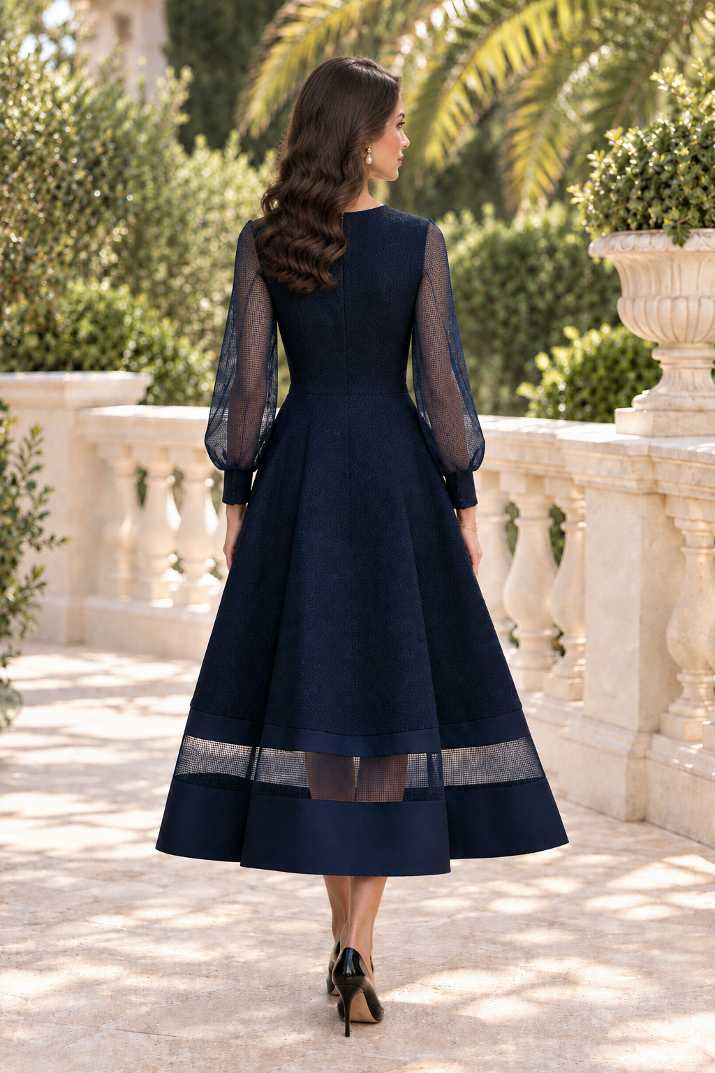 A-Line Midi Dress with Sheer Sleeves and Mesh Hem
