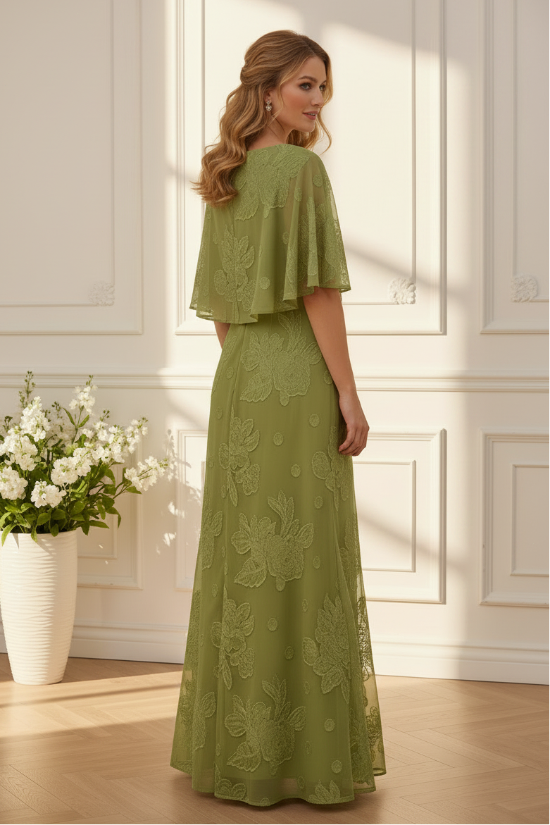 Embroidered Capelet A-Line Evening Gown