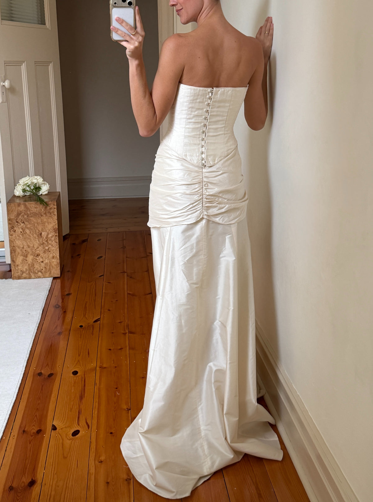 Strapless Ruched Drop-Waist Wedding Gown