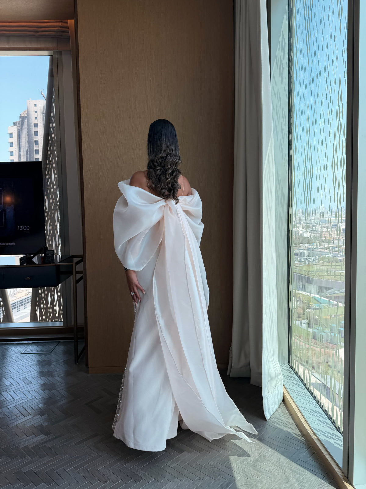 Off-the-Shoulder Beaded Column Gown with Back Bow