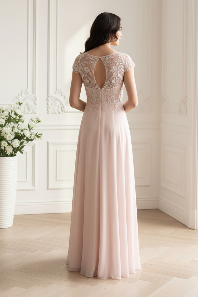 Embroidered Illusion Cap Sleeve Gown