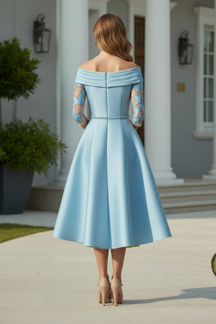 Off-the-Shoulder A-Line Midi Dress with Illusion Sleeves