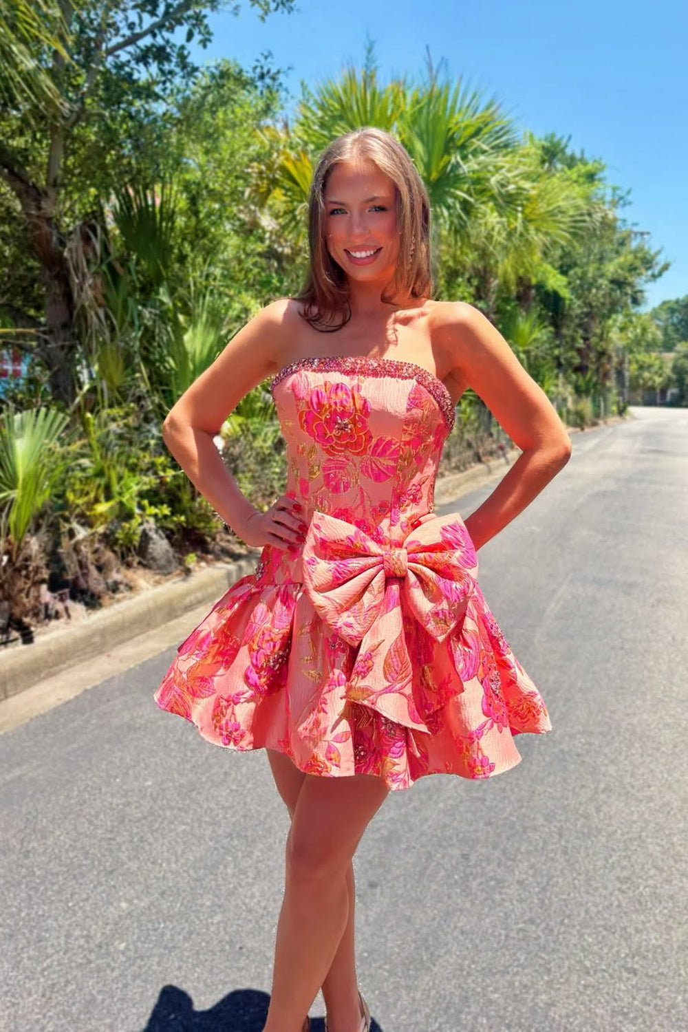 Strapless Floral Jacquard Mini Dress with Bow