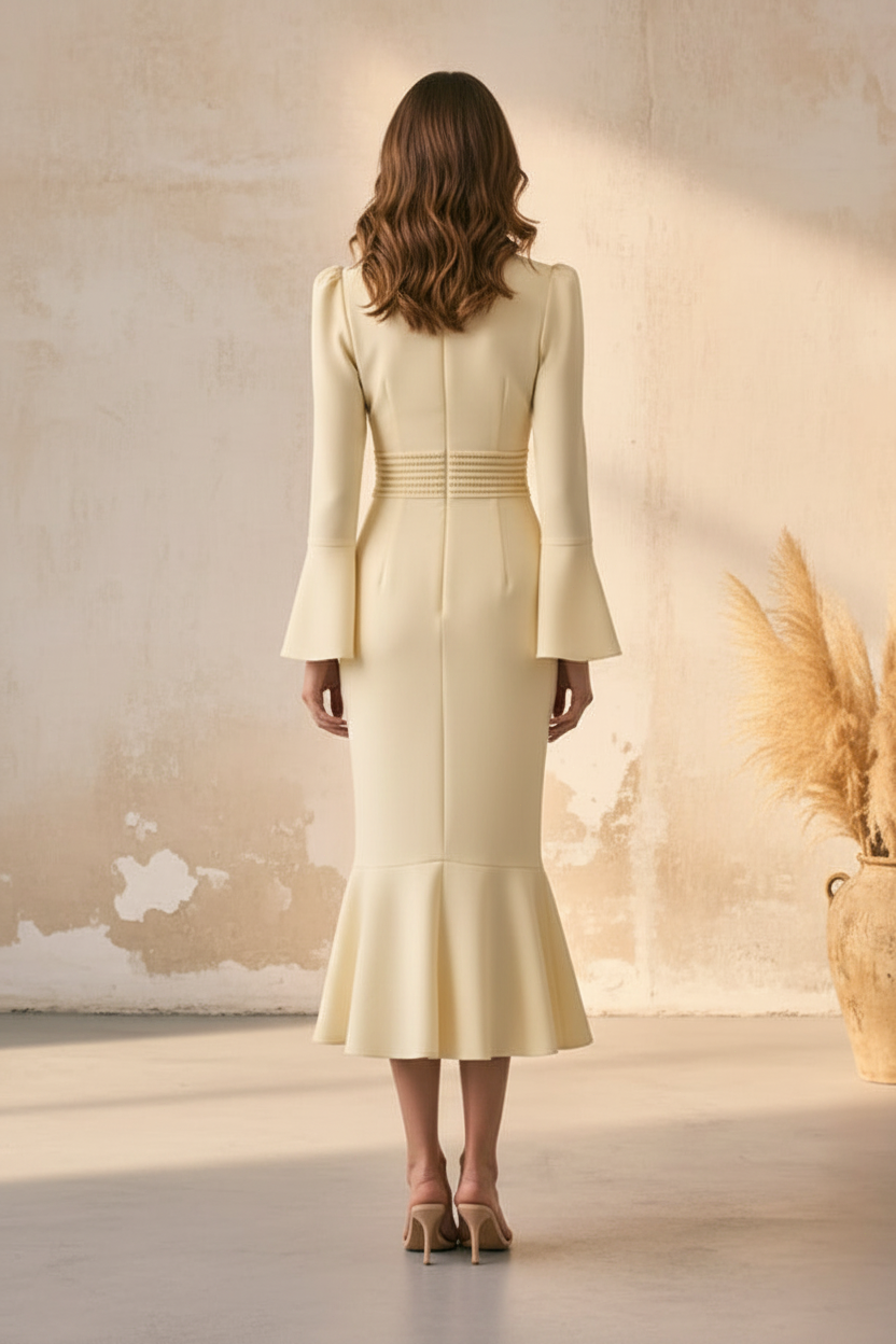 Crepe Midi Dress with Bell Sleeves & Button Detail