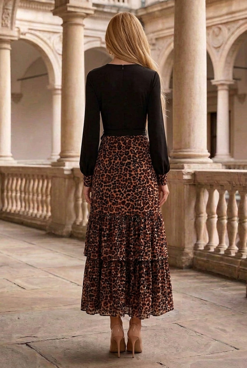 Tiered Maxi Dress with Leopard Print Skirt