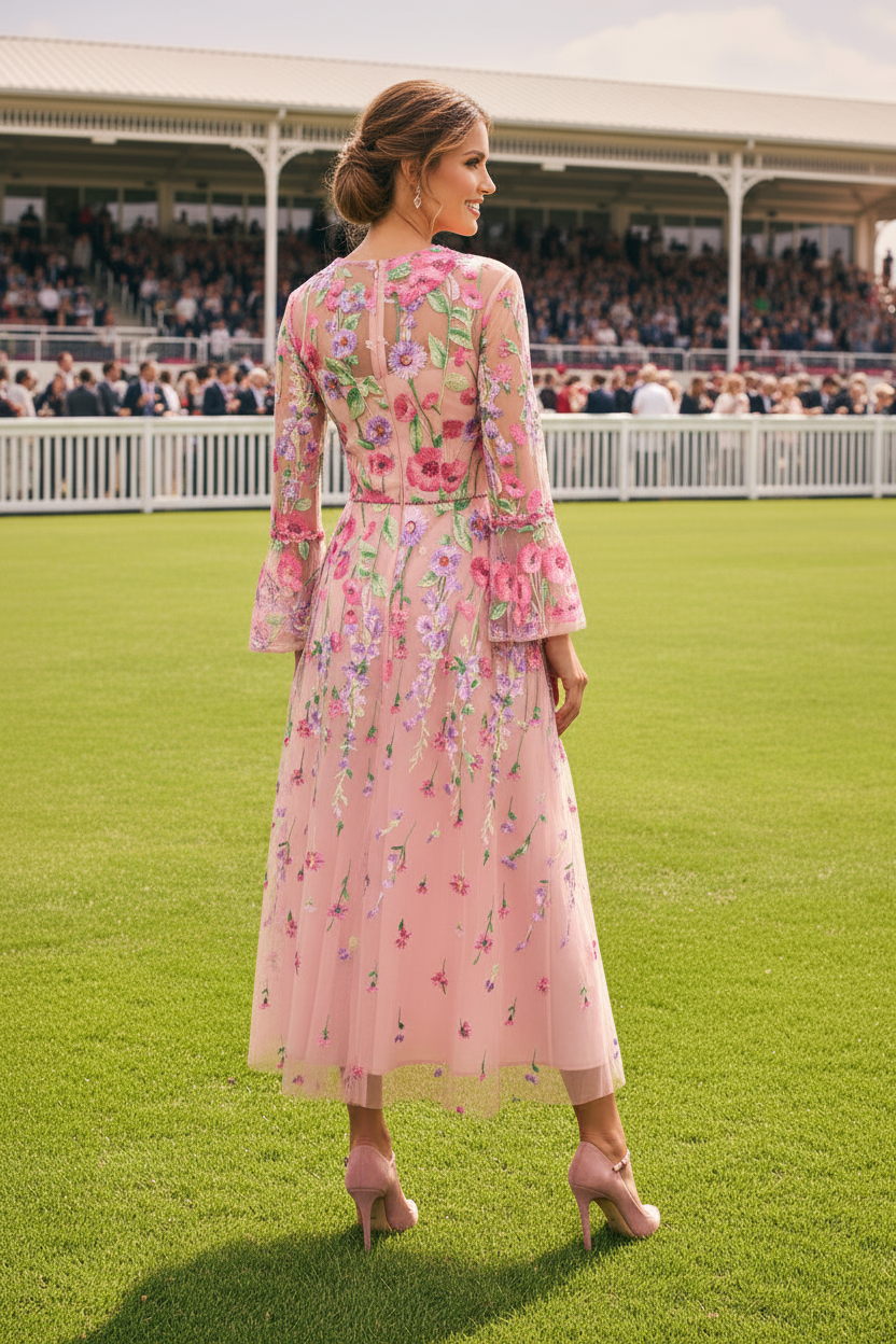 Embroidered Floral A-Line Midi Dress with Bell Sleeves